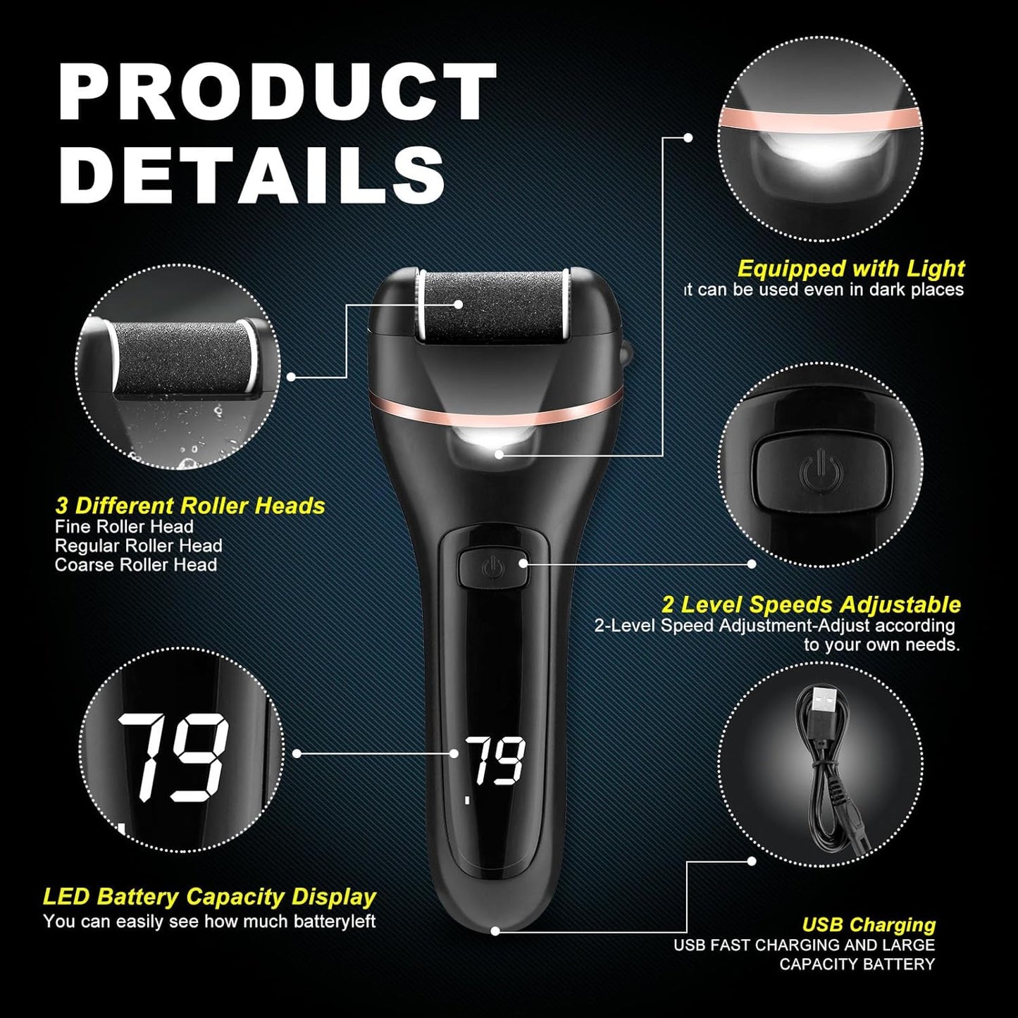 Electric Foot Callus Remover - 3 Roller Heads, 2 Speed Rechargeable | Waterproof Pedicure Tool for Hard Skin Care