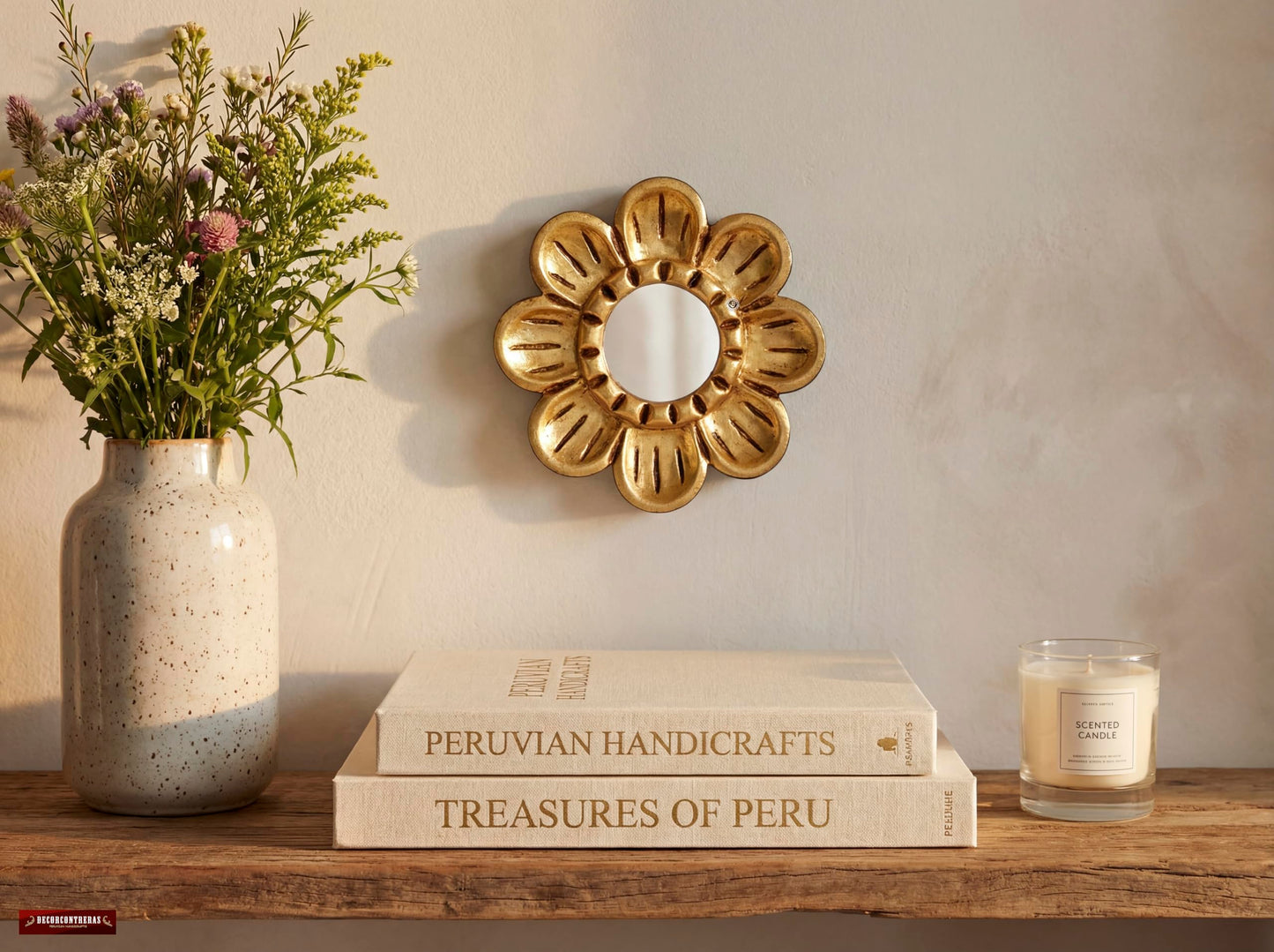DecorContreras Peruvian Gilded Bronze Leaf Round Mirror 6”- Luxury Hand-Carved Wood Flower Wall Art - Small Space Art