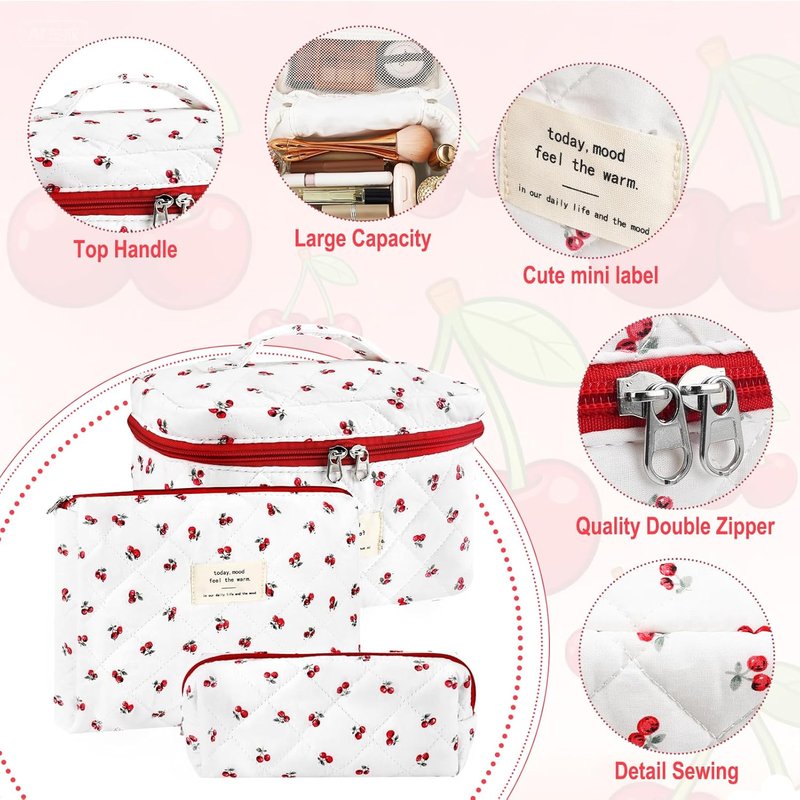 Cotton Quilted Makeup Bag Set - Extra Large Floral Travel Cosmetic Pouches | Vintage Cherry Toiletry Organizer