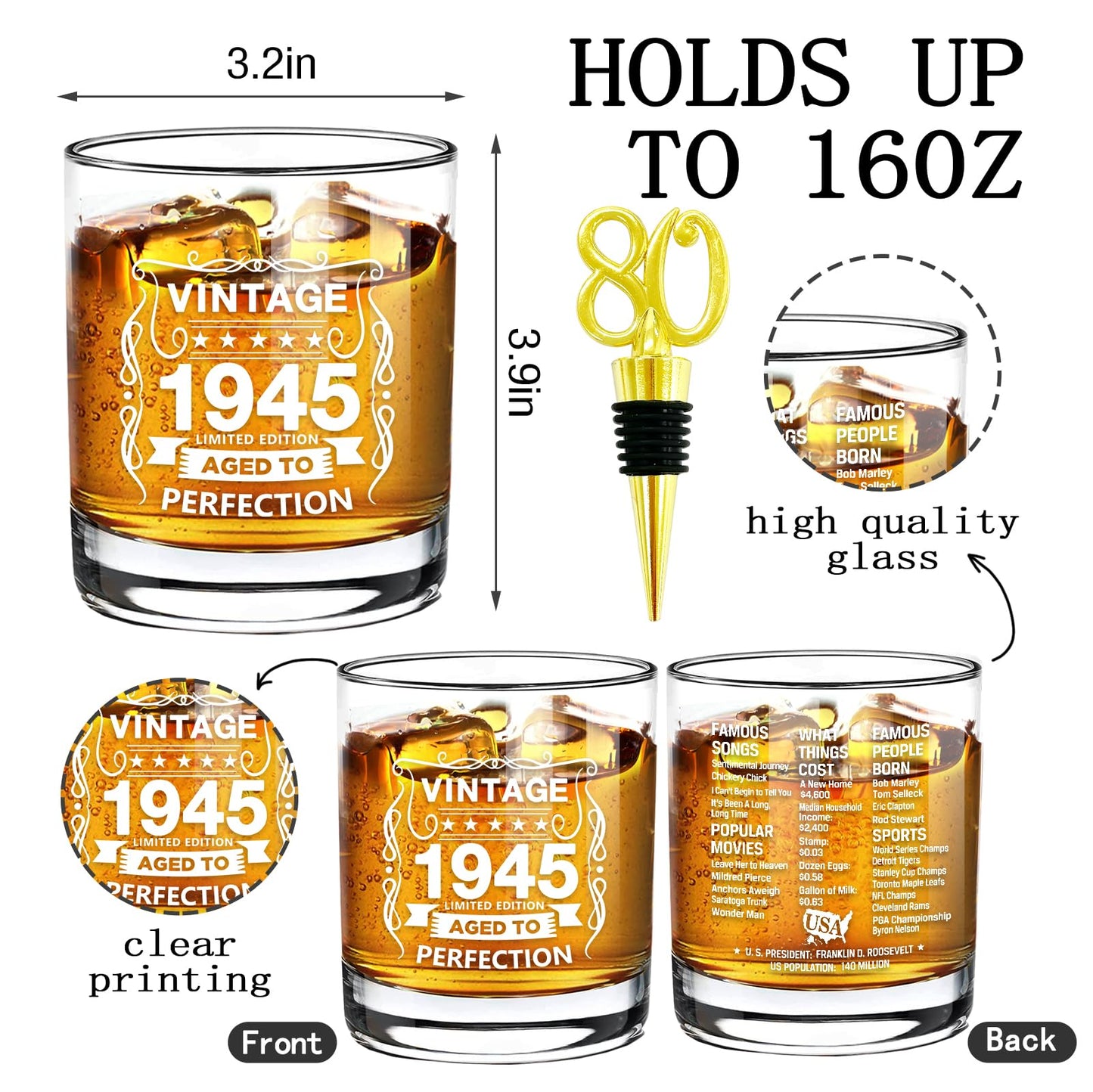 Old Fashioned Glasses-1945-Vintage 1945 old time information 10.25oz Whiskey Rocks Glass -80th Birthday Aged to Perfection - 80 years old gifts Bourbon Scotch Lowball Old Fashioned-1PCS