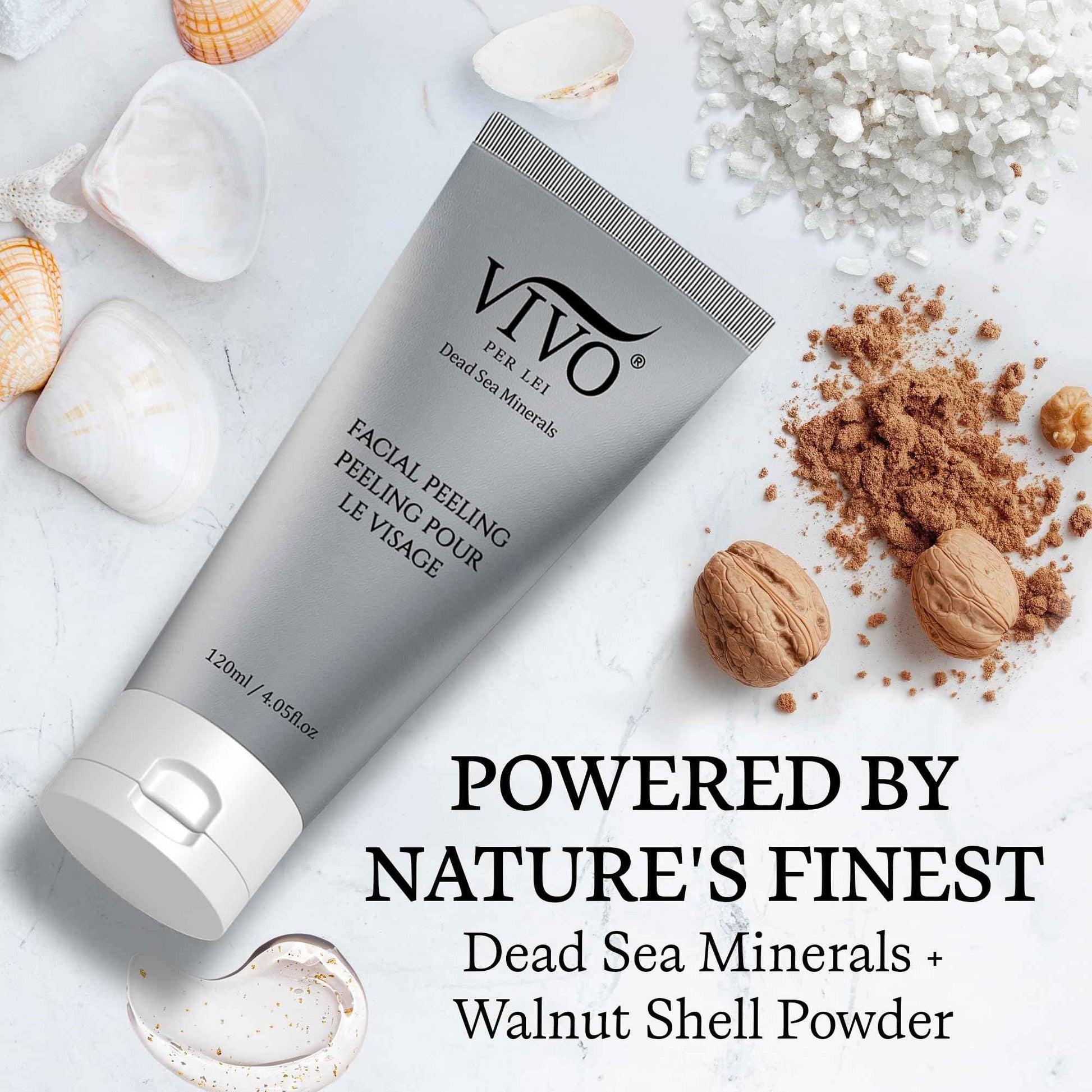 Vivo Per Lei Facial Peeling Gel - Contains Dead Sea Minerals and Nut Shell Powder - Gentle Face Exfoliator Scrub and Blackhead Remover - Peel Your Skin to a Fresher You - 4.05 Fl oz.