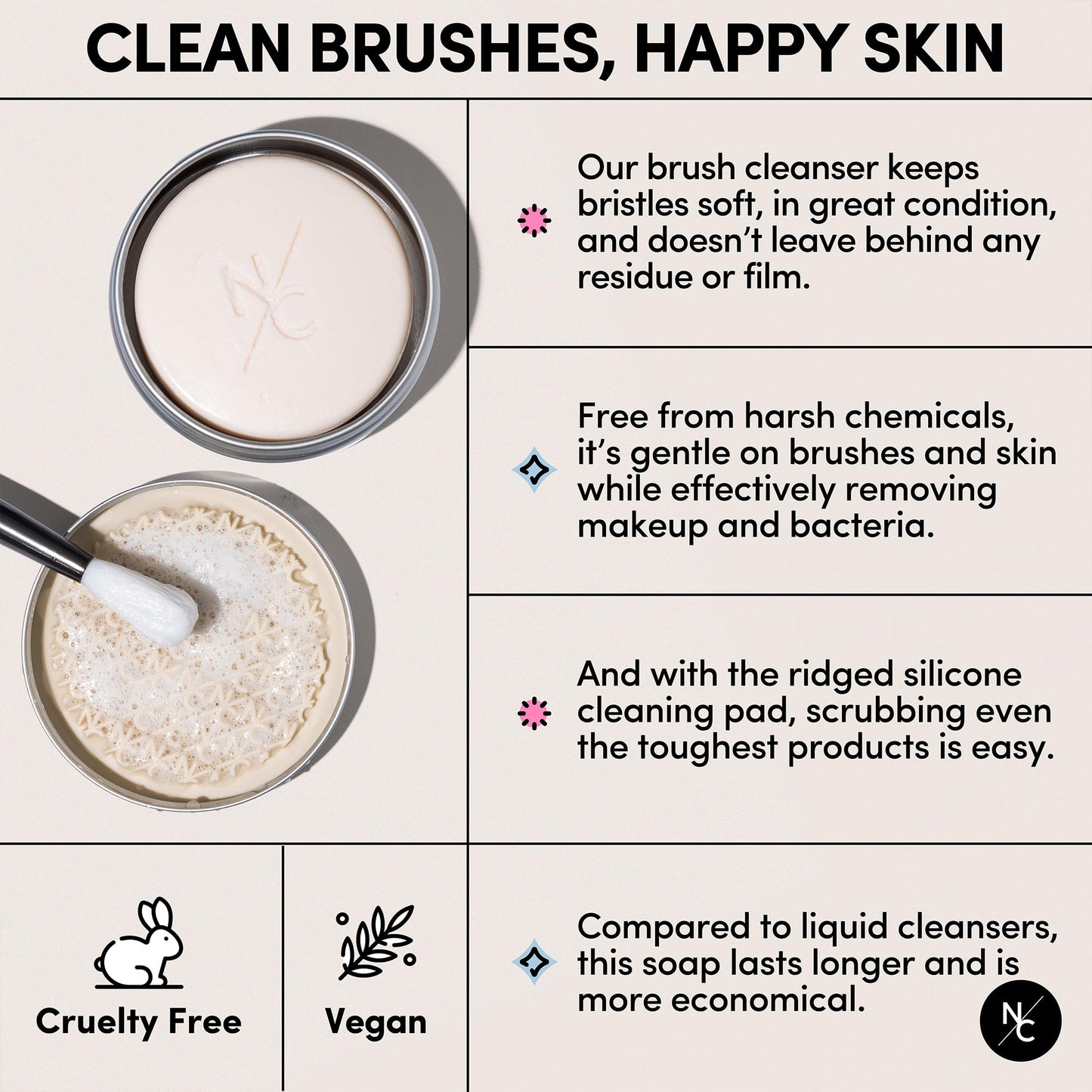 Narrative Cosmetics Makeup Brush Cleaner Soap with Silicone Scrubber Pad | Solid Cleanser for Brushes & Beauty Blenders | Vegan, Cruelty-Free, Avocado Jojoba Argan Oil, Vanilla Scent, 2.45 Oz