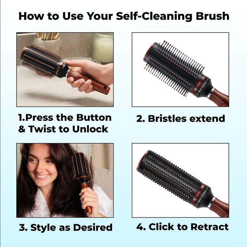 Shop LC Brown Self-Cleaning Hair Brush for Women | Retractable Bristle Detangler | Round Brush for Blow Out | Curly Straight Thick Hair | Compact Travel
