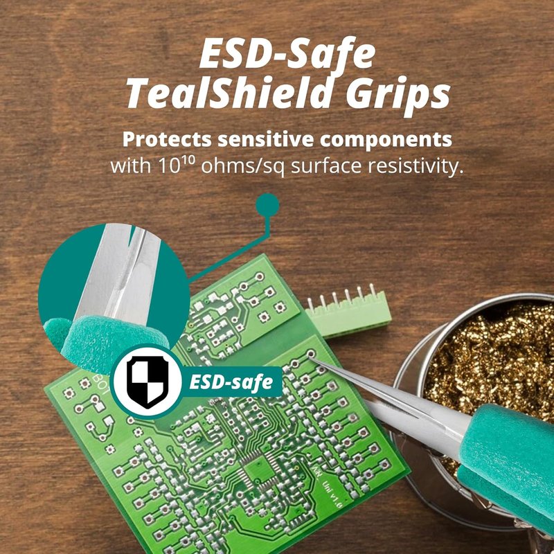 Precision Tweezers - ESD Safe Anti-Magnetic Stainless Steel - 5.25" OAL for Electronics & Lab Use | TealShield Grips