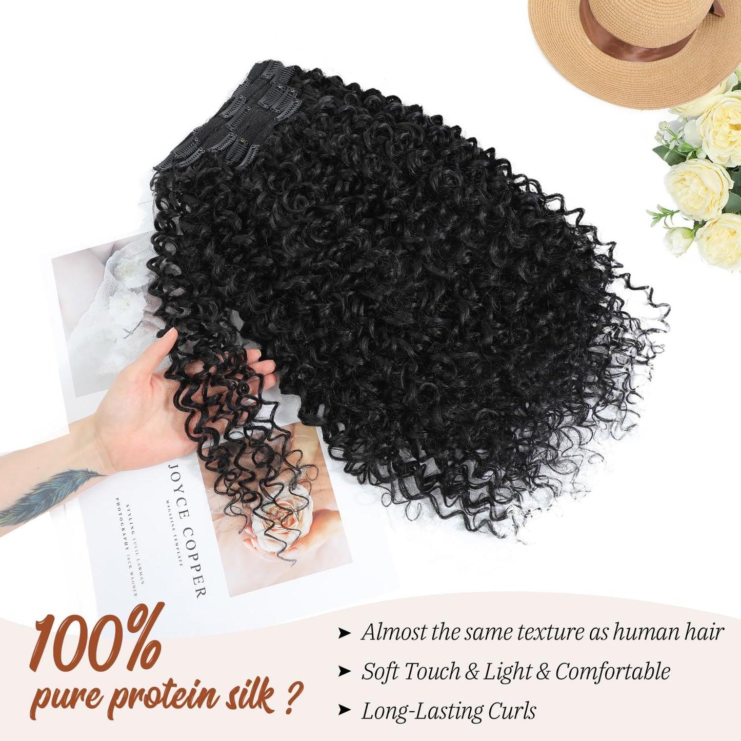 Curly Clip in Hair Extensions, Molefi 3b 3c Curly Clip Ins Full Head for Women 20 inch 100% Pure Protein Silk Hair Extensions for Bridal Party Daily 6PCS with 16 Clips/Set