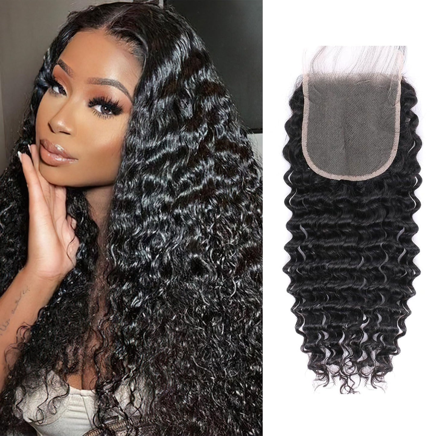 5x5 Deep Wave Lace Closure Human Hair HD Lace Closure Pre Plucked With Baby Hair Free Part 100% Brazilian Virgin Human Hair for Black Women Natural Color 12 Inch