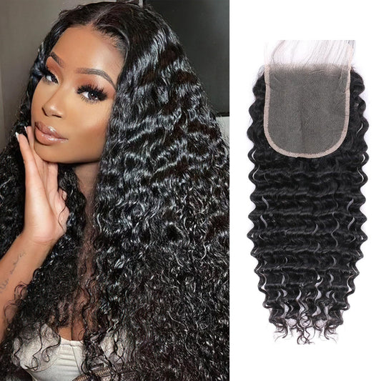 5x5 Deep Wave Lace Closure Human Hair HD Lace Closure Pre Plucked With Baby Hair Free Part 100% Brazilian Virgin Human Hair for Black Women Natural Color 12 Inch