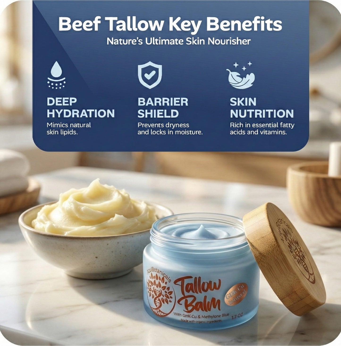 Whipped Balm for Skin & Face Made In The USA - Copper Peptide GHk-Cu & Methylene Blue Infused Whipped Grass Fed Tallow Balm, Fine lines, Wrinkles, Eczema, Acne, Full body Moisturizer (1.7 oz)