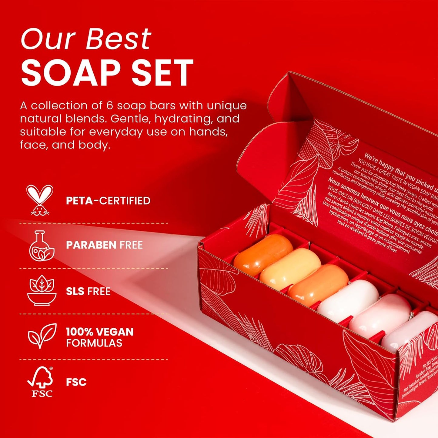 Kojic Acid Soap Gift Set - Natural Vegan Soap with Papaya, Glutathione, Vitamin C | 2.8 Oz (6 Bars)
