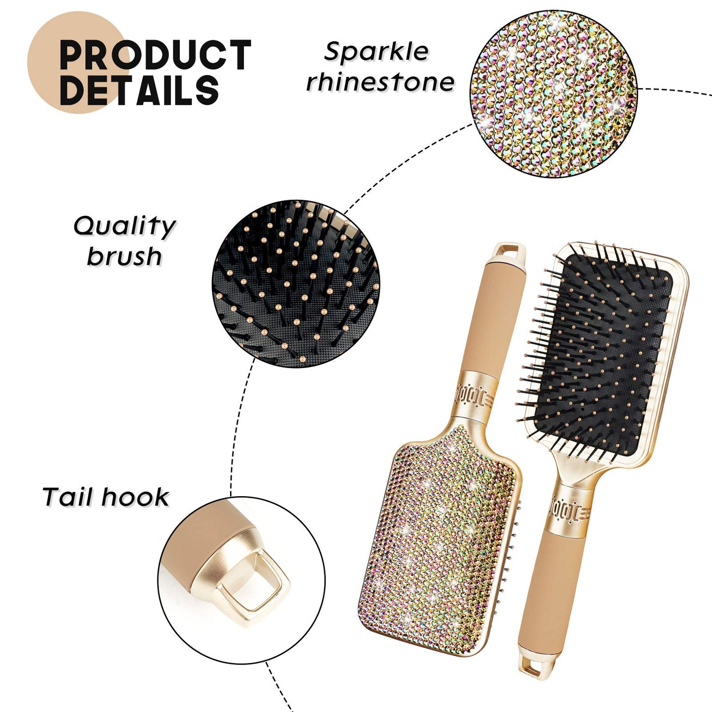 Hair Detangler Brush for Tangles, Knots, Fly Aways - Exceptional Wig Brush for Hair Wraps & Weave Management - Handmade Luxury Bling Crystal Paddle With Rhinestones (Rose Gold)