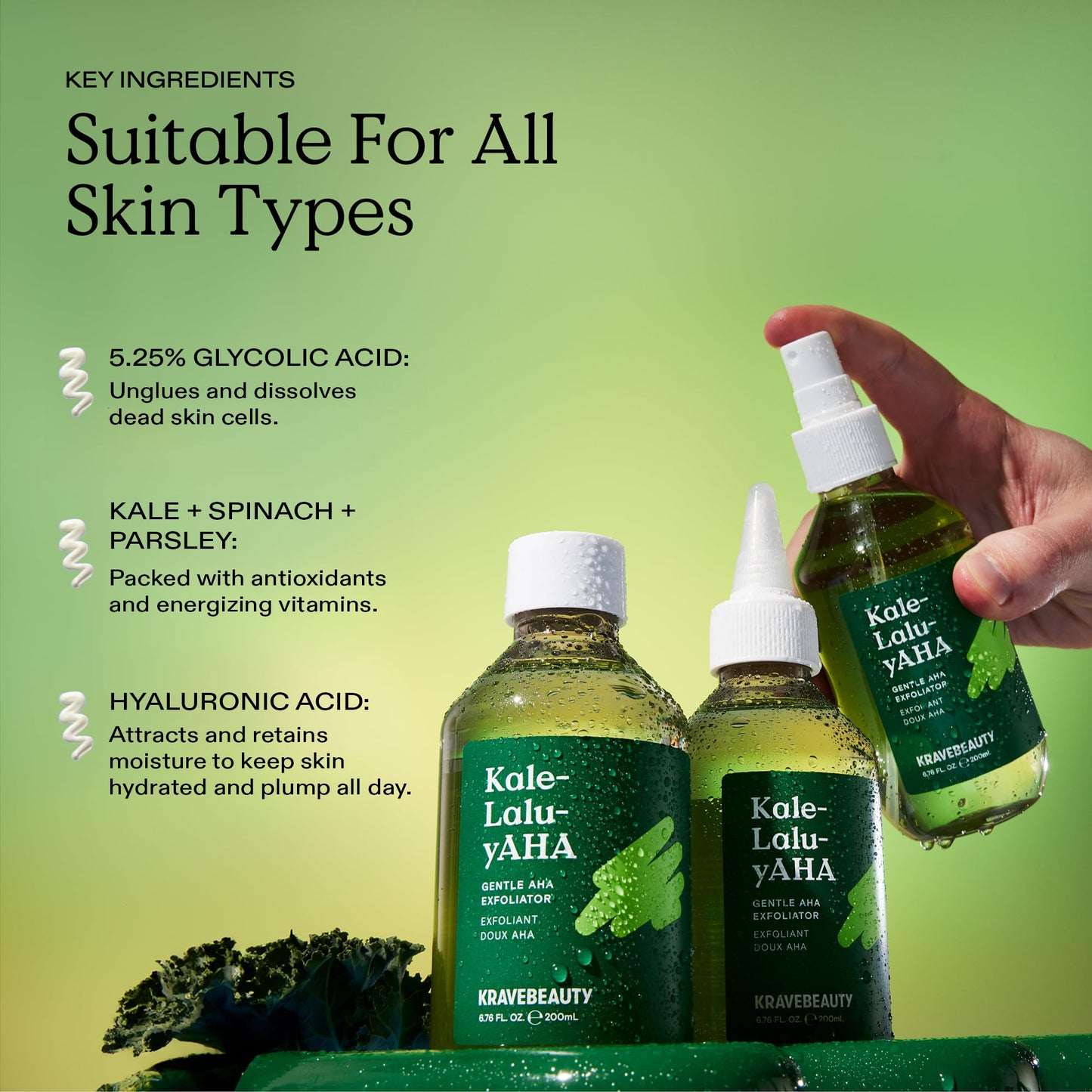 KraveBeauty Kale-Lalu-yAHA Exfoliating Toner, Smooths Texture, Evens Skin Tone, and Unclogs Pores, Gentle AHA Liquid Exfoliant with Glycolic Acid & Kale Extract, Fragrance Free, 200 mL