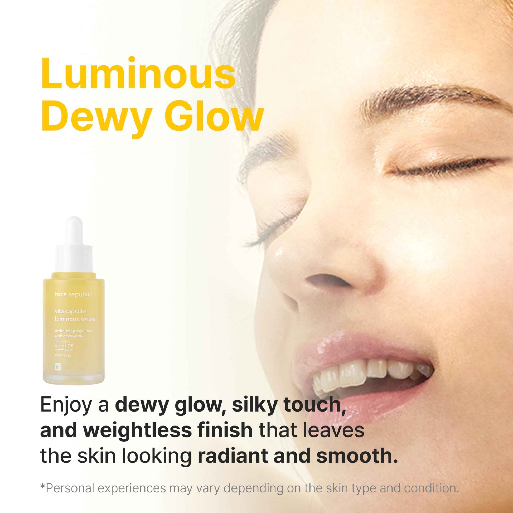 Face Republic Vita Capsule Luminous Serum 45ml 1.52 fl oz | Revitalizing, Radiant Glow for Dull, Dry Skin | Vitamins, Lemon Extract, Niacinamide 5%, Jojoba Seed Oil | Vegan Korean Skin Care