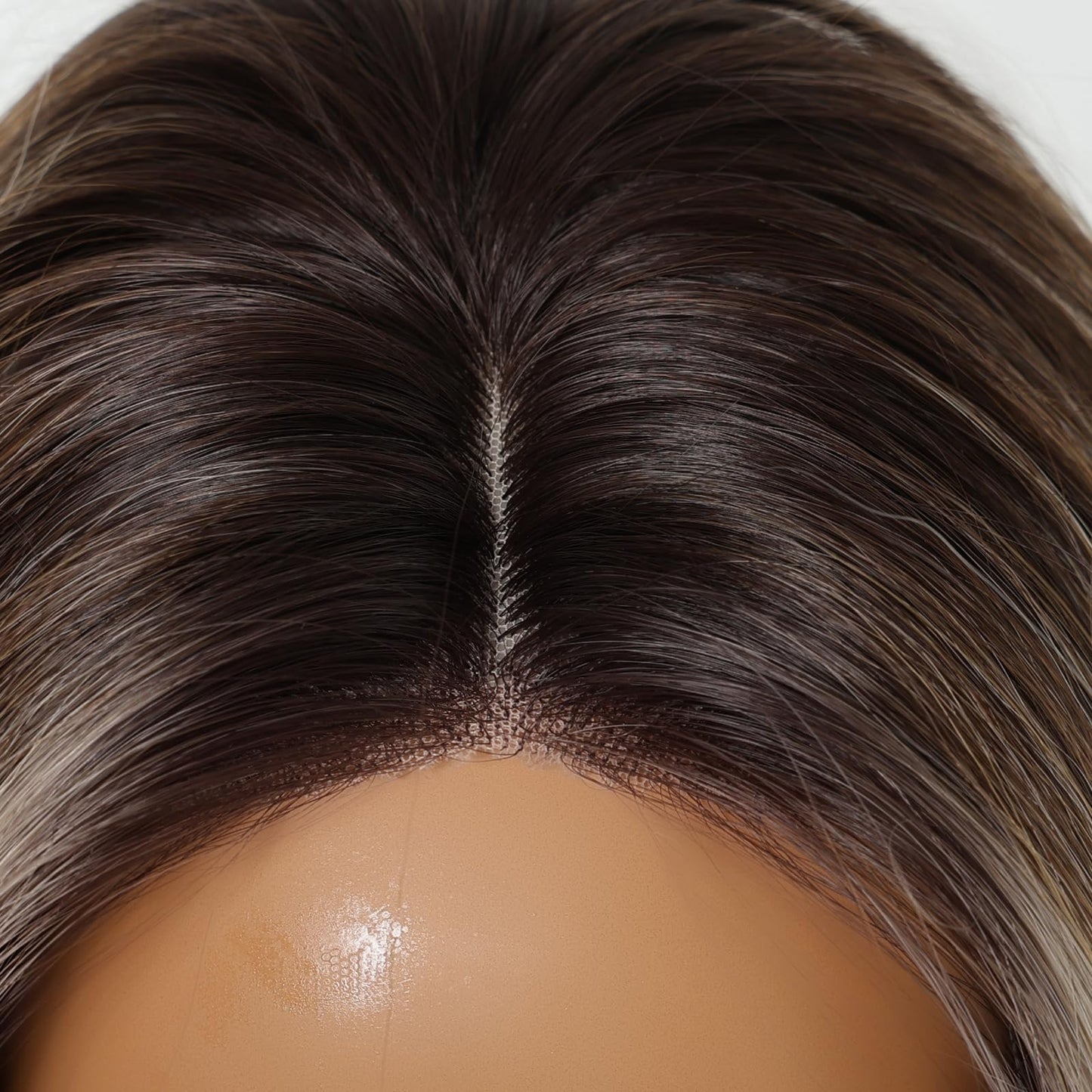 testar Long Straight Ombre Blonde Wigs for White Women Dark Brown to Blonde Highlights Silky Hair Synthetic Middle Part Wigs for Daily Use Lace Closure Natural Hairline 26 IN