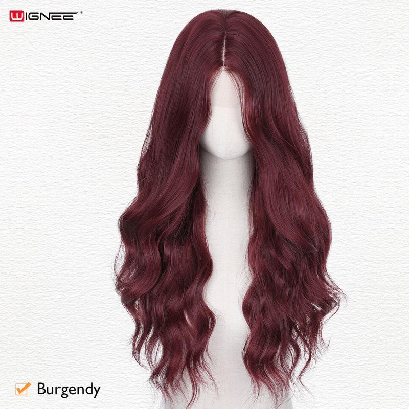 WIGNEE Long Red Wig Middle Part Dark Red Wig 26 Inches Long Wavy Wigs for white women Natural Looking Wavy Wig For Women Daily Party Use(Burgendy)