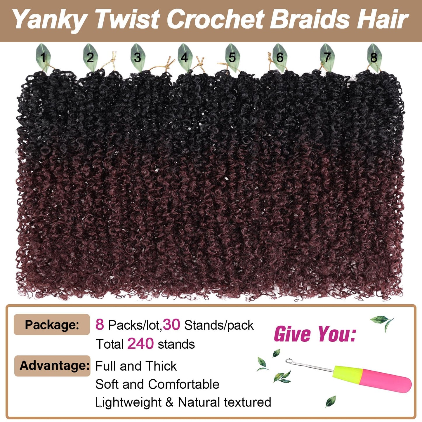 COOKOO 12 Inch Pre-Looped Yanky Twist Crochet Braiding Hair - 8 Packs Fluffy Marlybob Short Spring Braids Synthetic Hair Extensions for Women (1B/99j#)