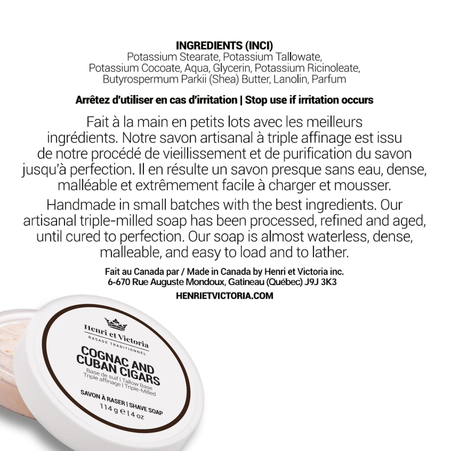 Henri et Victoria Shaving Soap For Men | Cognac and Cuban Cigars Fragrance | Smooth Shave, Lathers Up Nicely, Long-Lasting Scent | Triple Milled Soap, Canadian Made by Skilled Artisan 114 g (4 oz)