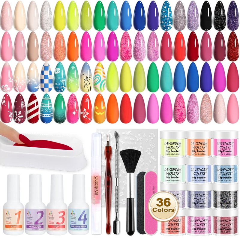 Lavender Violets Dip Powder Nail Kit - 48 Pcs with 36 Vibrant Colors & Essential Manicure Tools for Nail Art