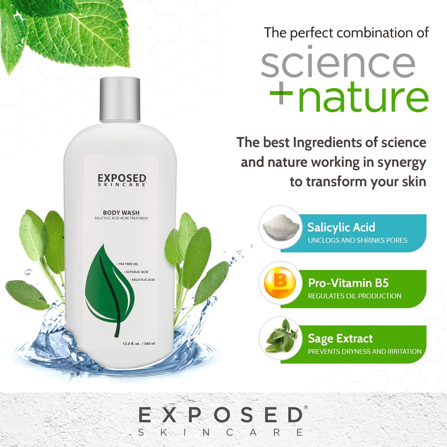 Exposed Skin Care, Body Acne Wash with Salicylic Acid, Glycolic Acid and Tea Tree Oil – Tri-Powered Gentle Exfoliating Cleanser for Back, Chest and Body Acne – Natural, Non-toxic and Cruelty Free