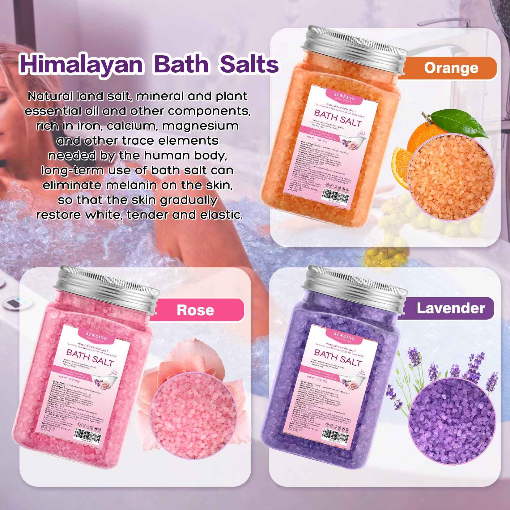 XIWEIOO Bath Salt 3 Pack Kit Himalayan Pink Salt Foot Soak Lavender Orange Rose Scent Tea Tree Oil Epsom Salt Bubble Bath for Women Dead Sea Salt Moisturizing Skin Softens Calluses Mom Bath Sea Salt