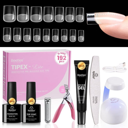 Beetles Tipex Lite Apex Nail Tips Kit, Short Square, 192pcs 16 Sizes,with Solid Nail Glue, Base & Top Coat, Mini UV Lamp, Nail Clipper & Cuticle Nipper, for DIY Salon-look Extensions Kit