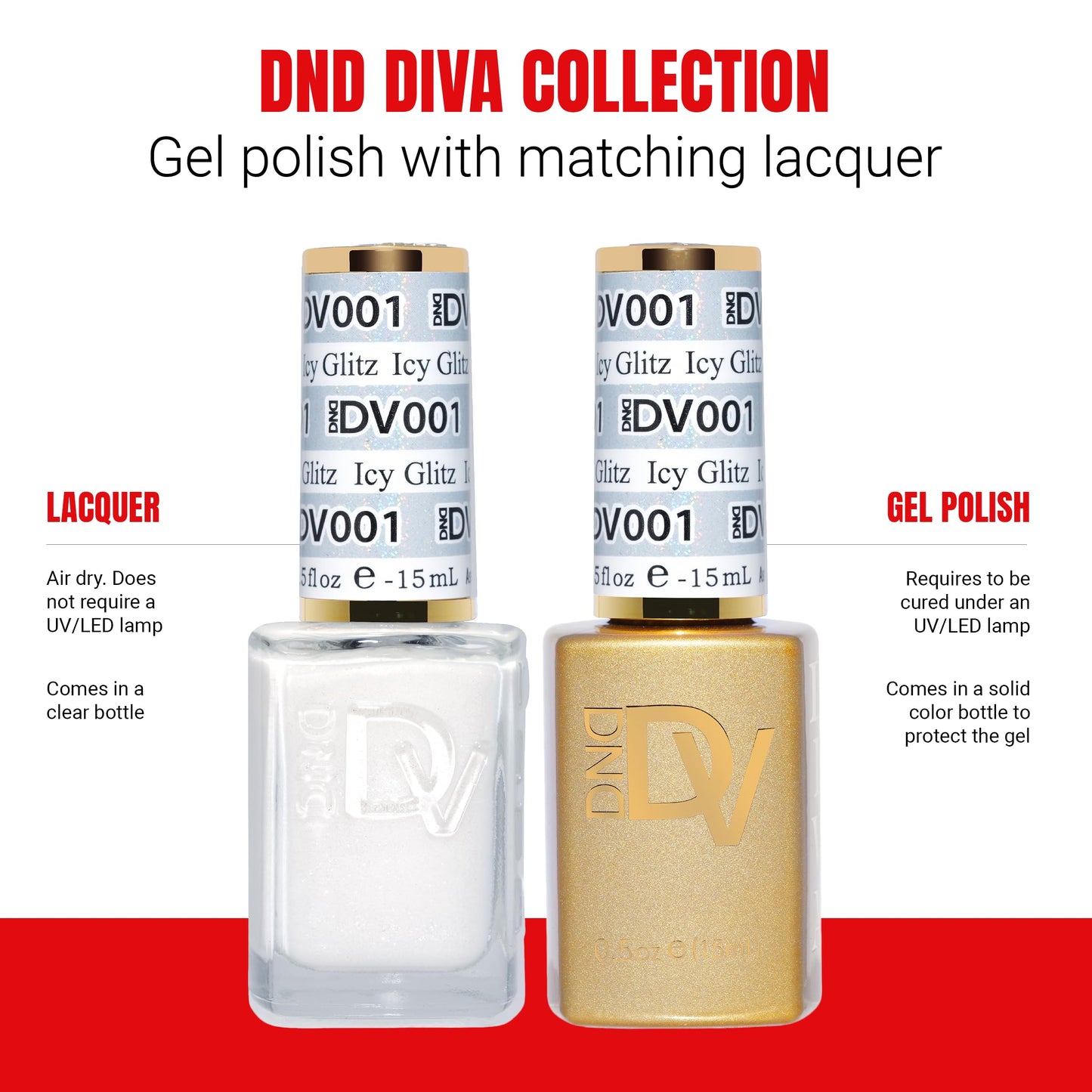 DND Gel Diva Polish Set, Mirrorball Collection, UV/LED Gel Polish and Air Dry Nail Lacquer, Matching Chip-Free Polish Duo, White001 Icy Glitz, 0.5 Fl Oz Each