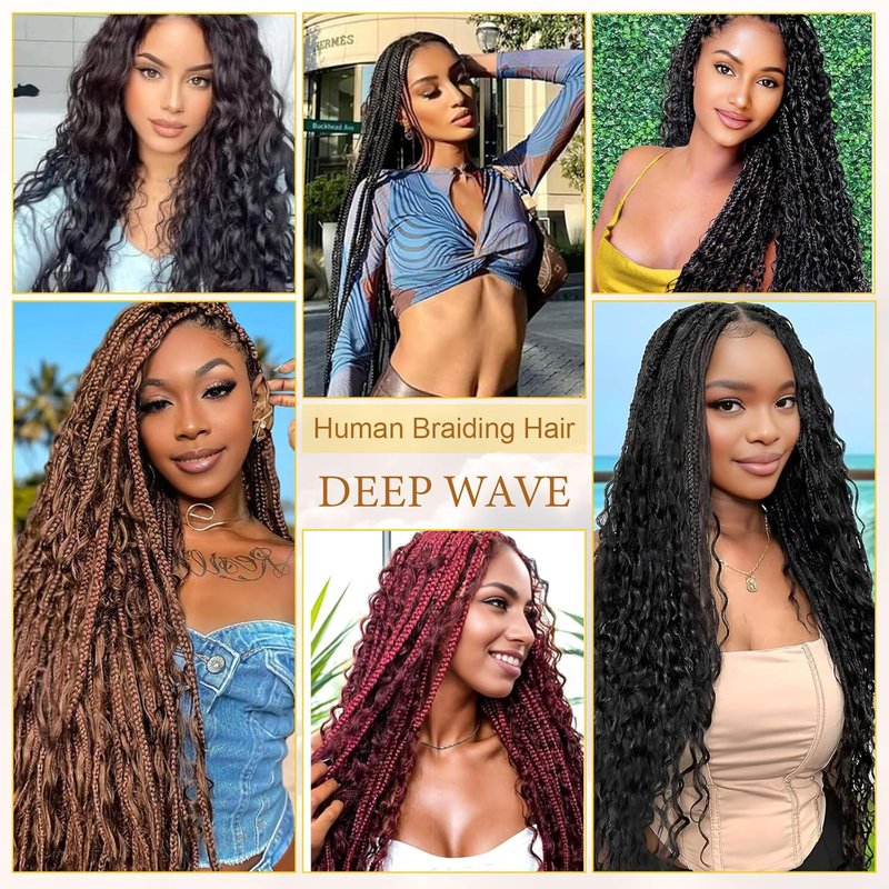 Human Braiding Hair - 18 Inch Natural Black Deep Wave Bulk | 2 Bundles 100g Virgin Curly for Boho Knotless Braids