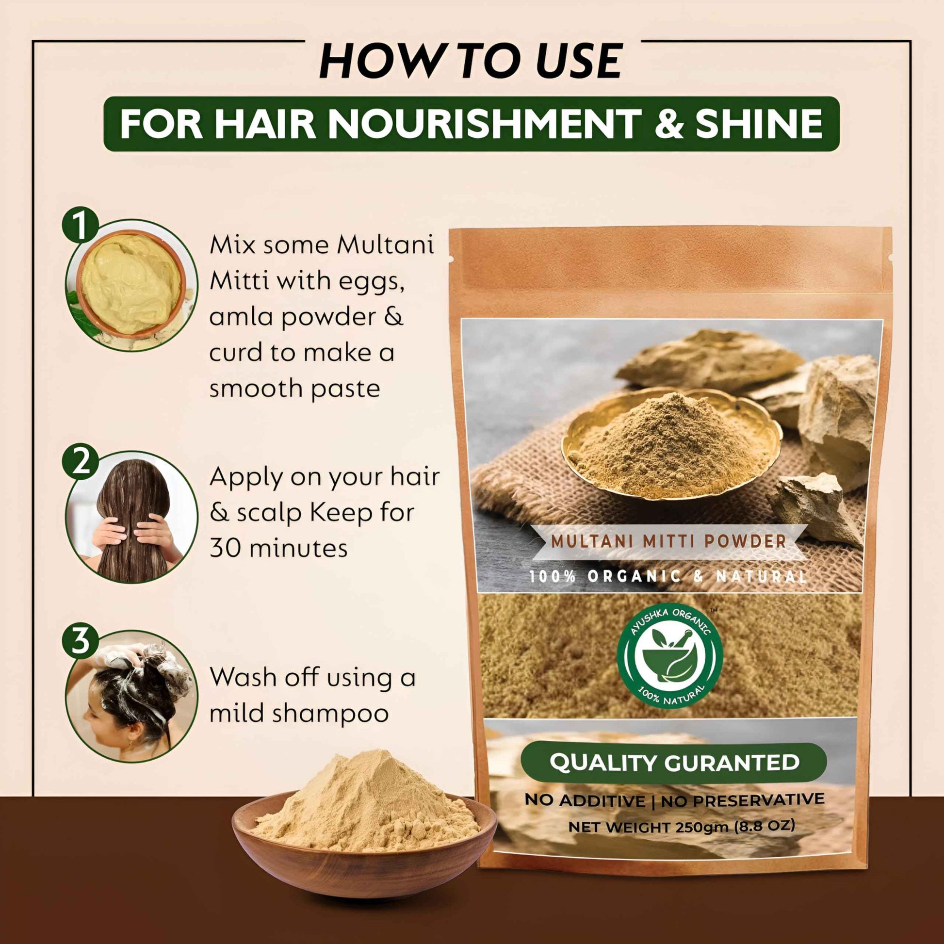 AYUSHKA ORGANIC Multani Mitti Powder | Fuller's Earth | Natural Skincare | Oil-Absorbing Beauty Treatment (8.8 OZ | 250 gm)