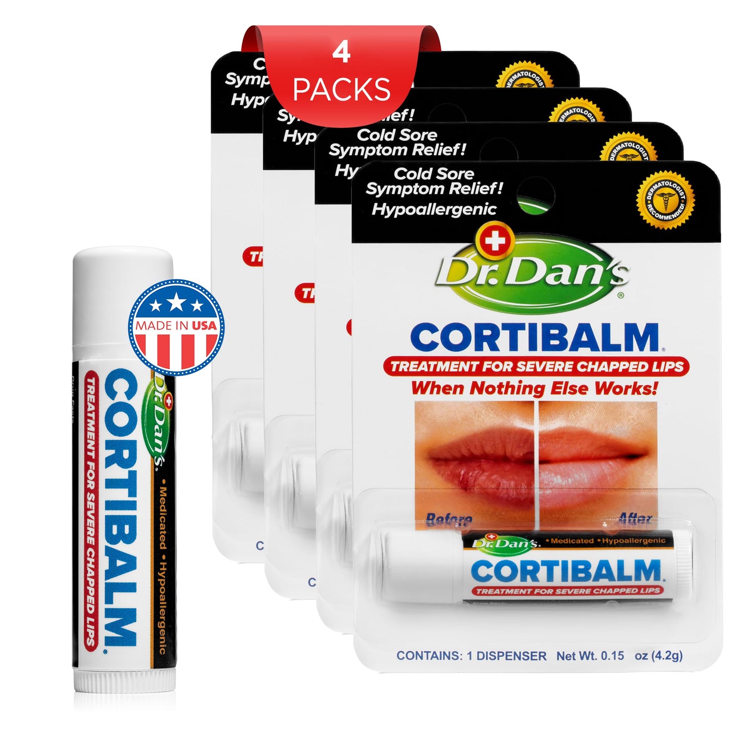 Dr. Dan's Cortibalm - 4 Pack - for Dry Cracked Lips - Healing Lip Balm for Severely Chapped Lips - Designed for Men, Women and Children