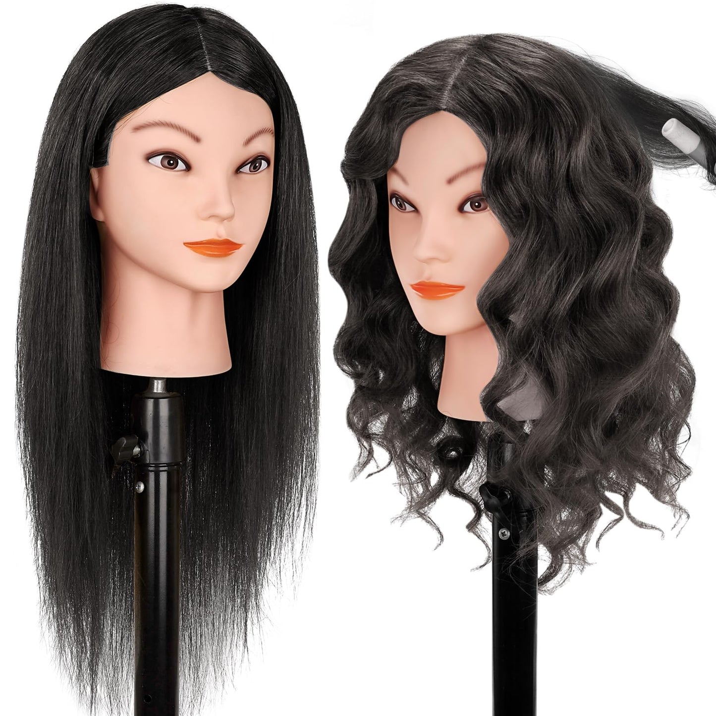 Mannequin Head with 100% Human Hair, MYSWEETY 18" Real Hair Manikin Doll Head for Hair Styling, Cosmetology Mannequin Hairdressing Practice Training Head with Clamp Holder and Tools(Black, Makeup)