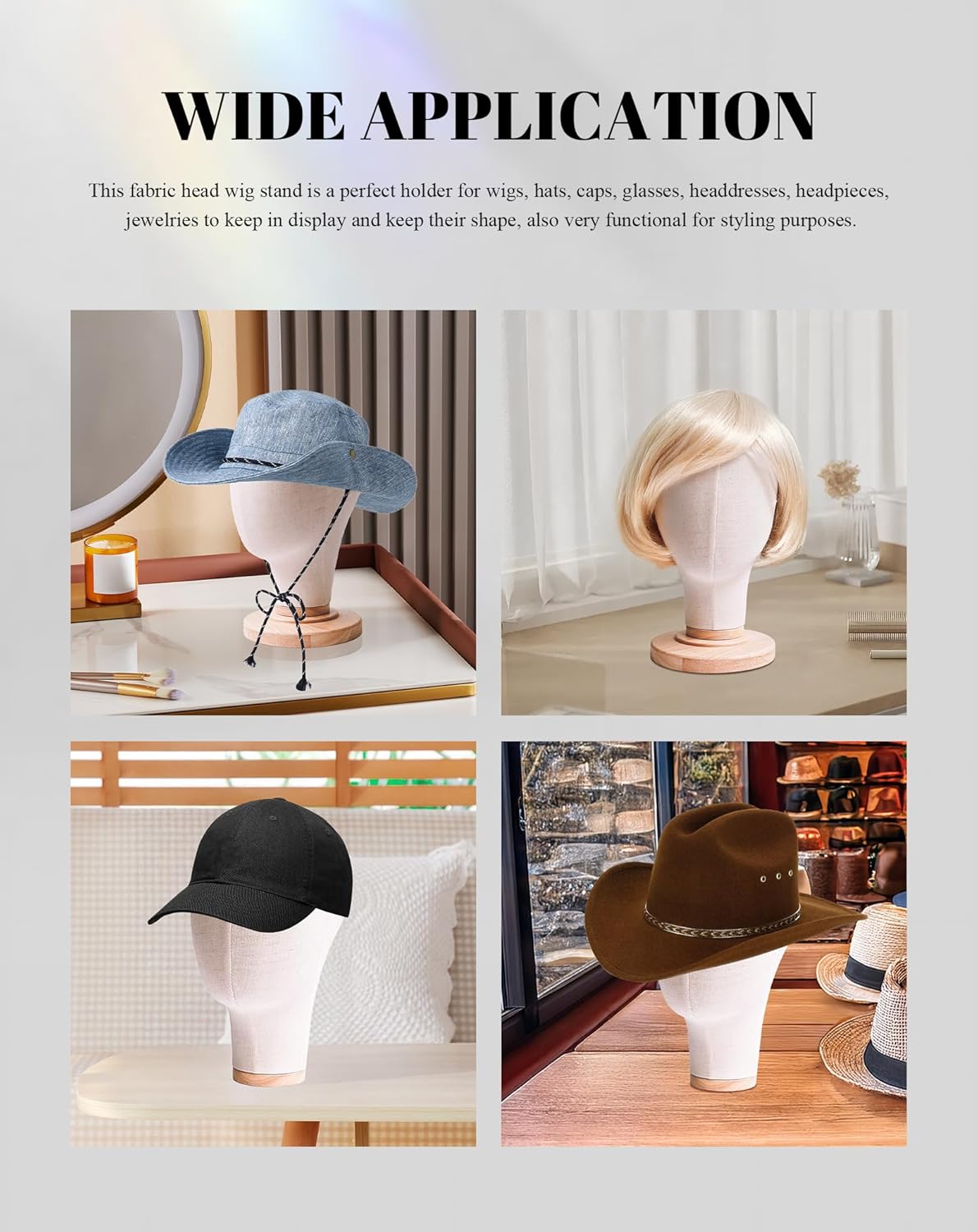 CHADWICK 21-Inch Wig Head Stand - Linen Mannequin Display for Wigs, Hats & Headdresses | Detachable Wooden Base