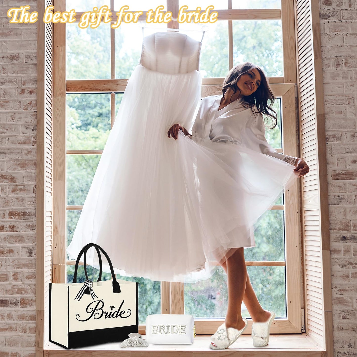 Tkifoda Bride to Be Gifts, Bridal Shower Gifts, Wedding Gift, Bride Tote Bag Makeup Bag Robe Slippers Hair Clip I Do Slippers Wedding Robe Cosmetic Bag