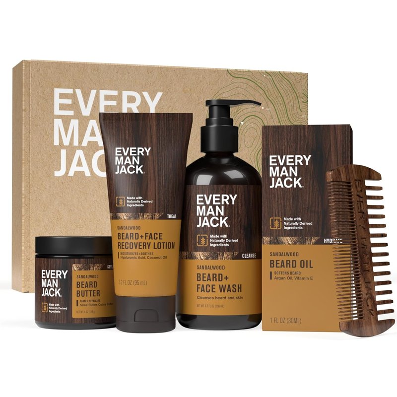 Every Man Jack Beard Essentials Gift Set - Complete 5-Piece Routine | Sandalwood Scented Beard Care Kit