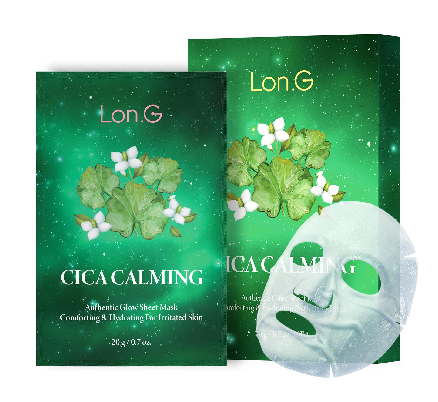 LON.G Cica Calming Authentic Glow Sheet Mask - Skin Soothing for Sensitive Blemish Troubled skin, Heartleaf, centella asiatica extract, hydration, skin barrier, Korean skincare, 10 sheets/0.7 oz