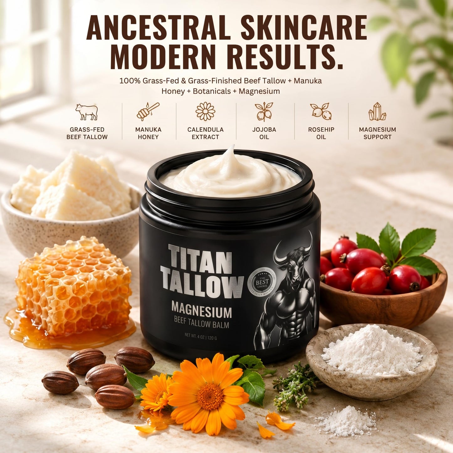 Titan Tallow Balm for Face and Body with Magnesium - Grass-Fed, Grass-Finished Beef Tallow Moisturizer with Manuka Honey, Jojoba Oil, Rosehip Oil, Calendula Extract, and Vitamin E