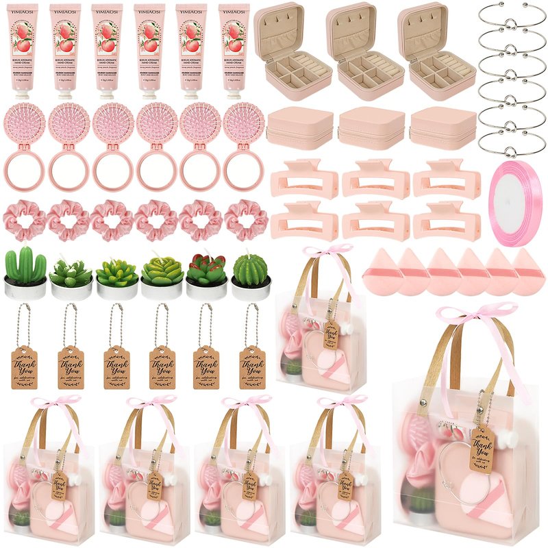 Acmee Baby Shower Prizes for Winners Gifts Headband Hair Brush Jewelry Box Plants Candles Bracelet Hand Cream Compact Powder Puff Hair Claw ribbon Gift Bag Beaded Necklace Bridal Shower(6 Sets-Blue)