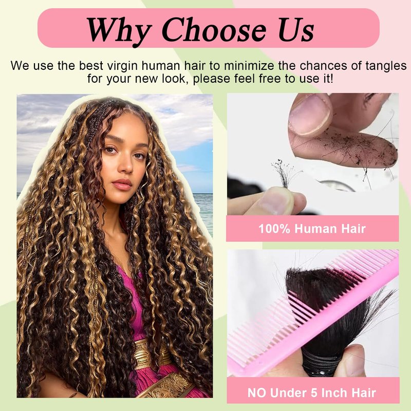 Boho Braids Human Hair for Braiding 110g 22 Inch 12A Deep Water Wave Bulk Human Braiding Hair for Boho Braids Knotless Highligts Wet and Wavy Virgin Extensions Bohemian No Weft Curly 3 Bundles P4/30