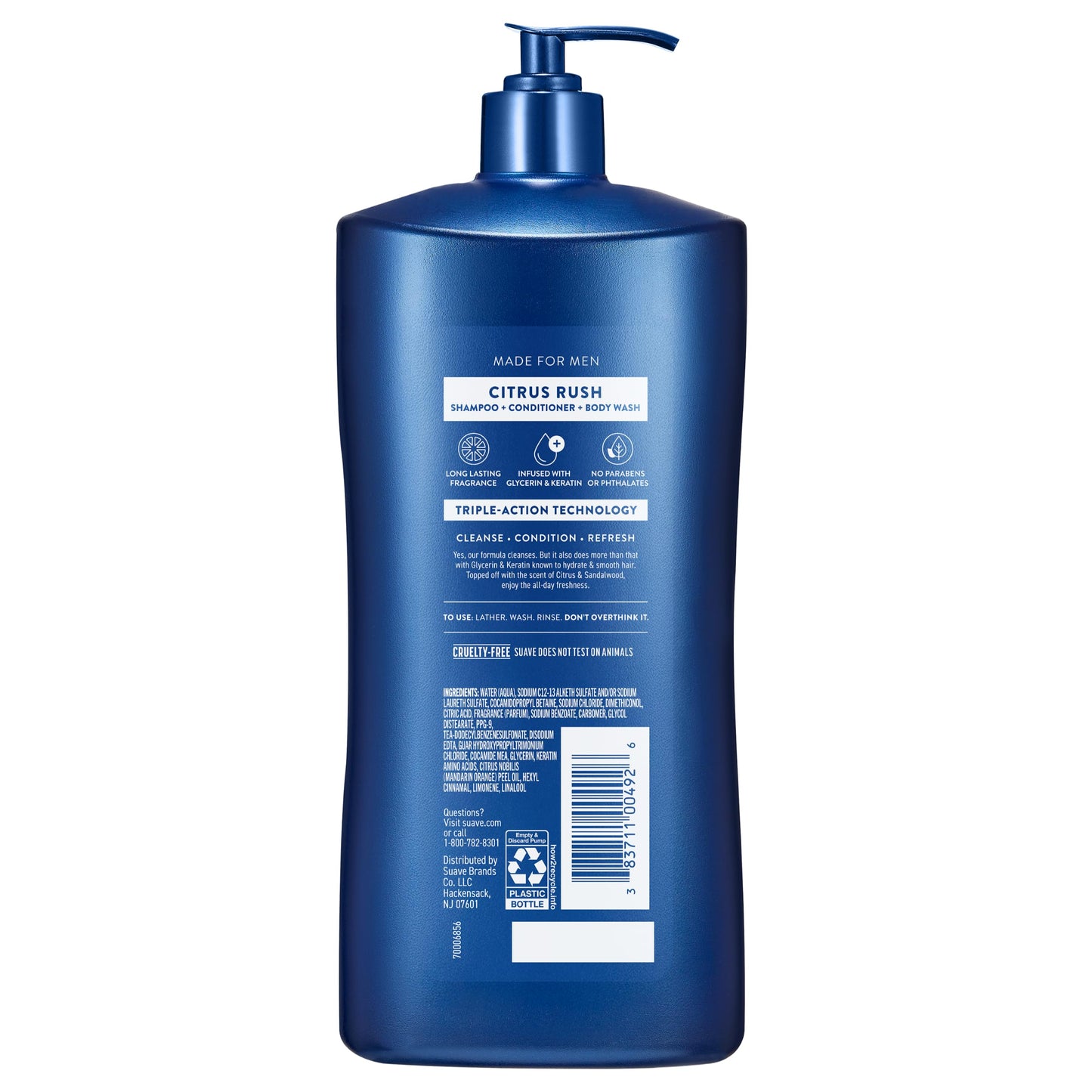 Suave Men Citrus Rush Daily Clean 3 in 1 Shampoo, Conditioner & Body Wash for Men with Glycerin & Keratin Hydrates & Smooths Hair, Citrus Scent, 4 Count, 40 fl oz Pump