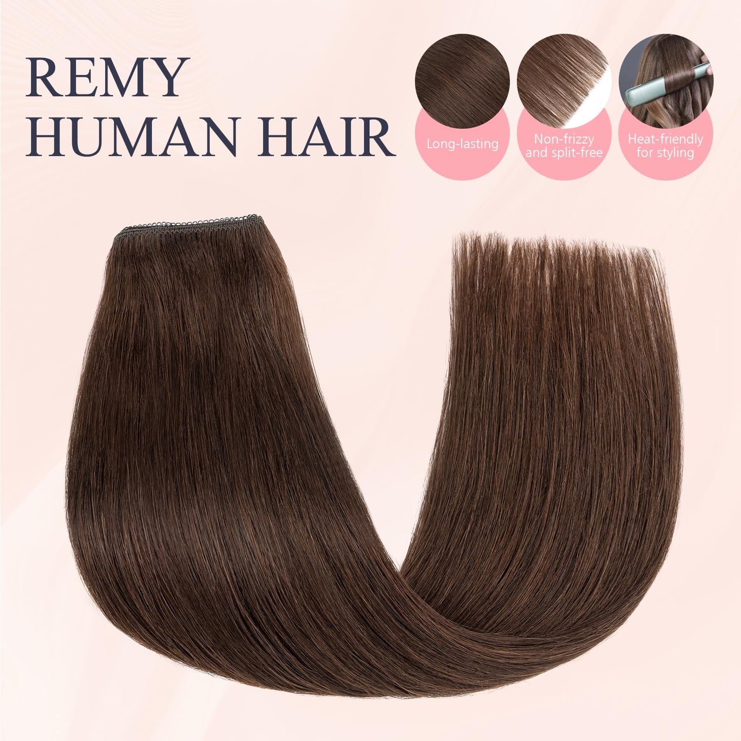 TESS Halo Hair Extensions Real Human Hair Remy Hair 12 Inch Straight Adjustable Invisible Wire Easy to Use Clip in, Dark Brown