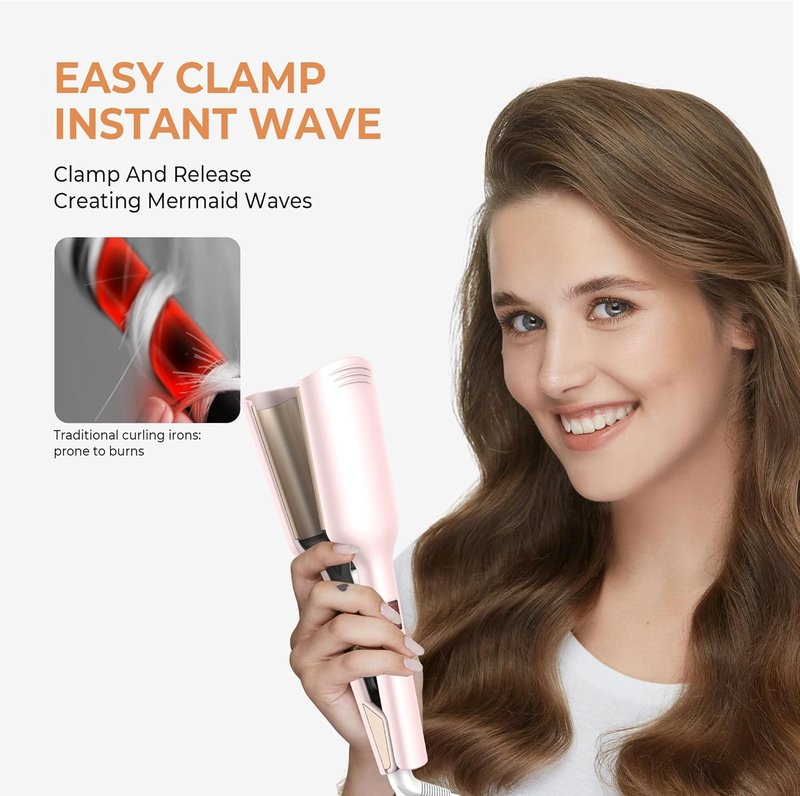 Mini Waver Curling Iron - Ionic Deep Waver Hair Crimper with Ceramic 2 Barrel | Pink, 1.25 Inch