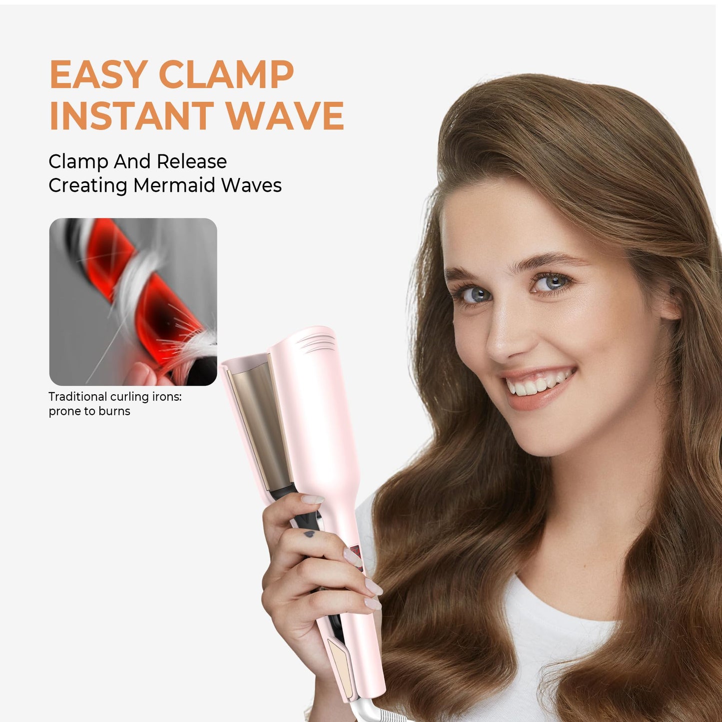 Curling Iron Hair Crimper Waver, Beach Waves Curling Wand, Waver Hair Tool, Double Voltage, Easy to Use, Pink, 1.25 Inch