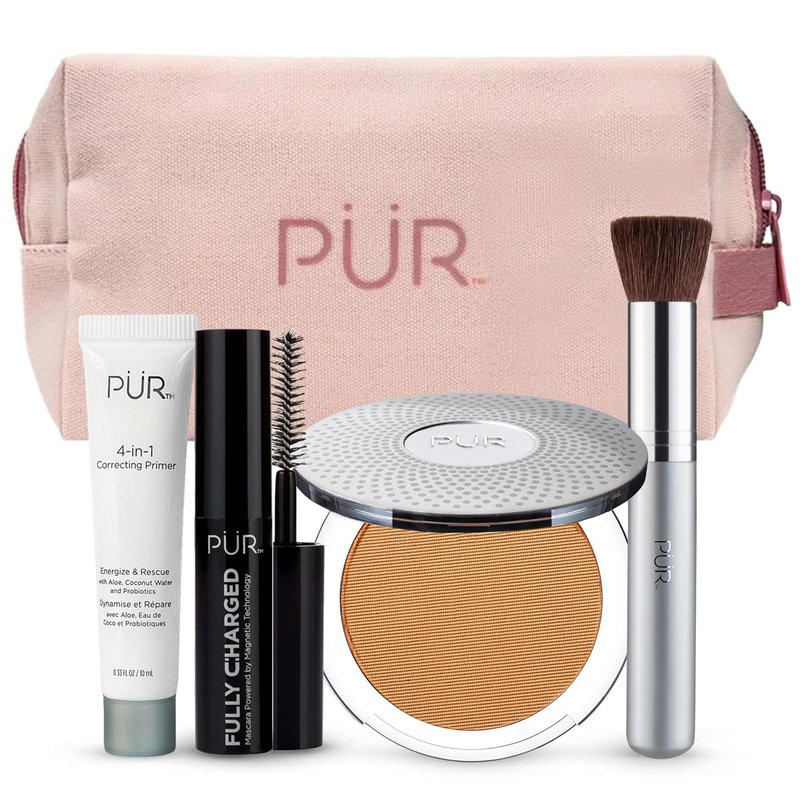 PÜR Minerals Multitasking Essentials Kit | 4-in-1 Primer, Mascara, Powder & Brush Set