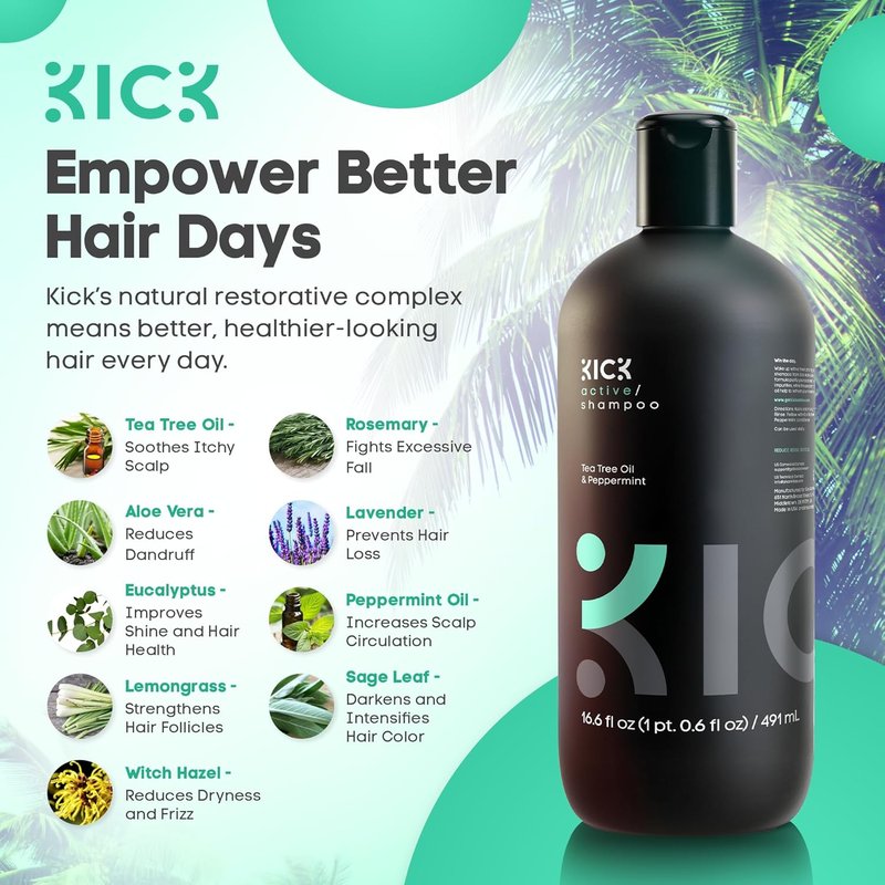 Kick Men's Shampoo - Peppermint & Tea Tree Oil Control | Sulfate-Free, Anti-Dandruff Formula - 16.6oz