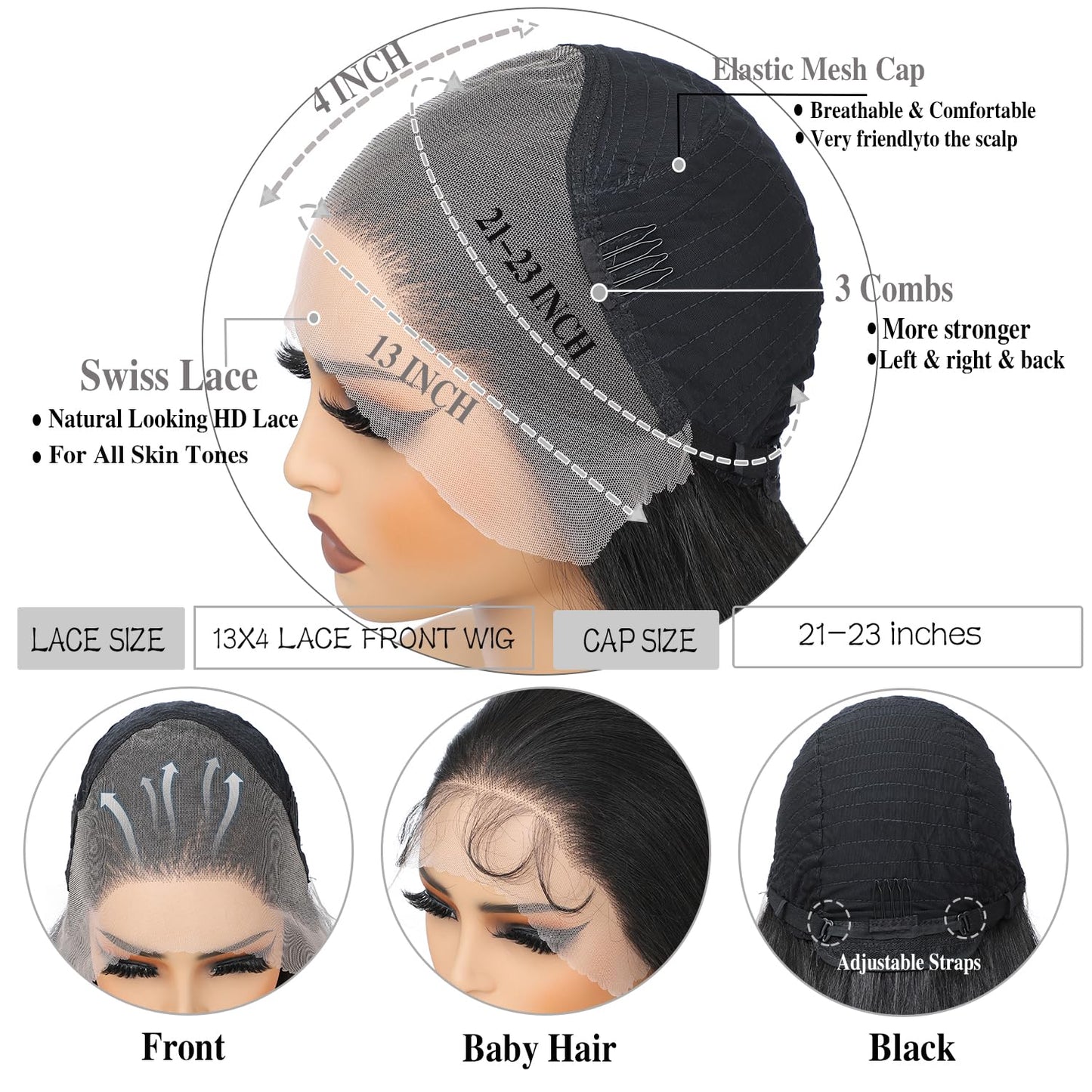 XCHJH 13x4 HD Lace Front Wig 30 Inch, Long Straight Black Synthetic Hair for Women, Glueless Pre Plucked with Baby Hair, Heat Resistant Fiber Wig for Daily Wear