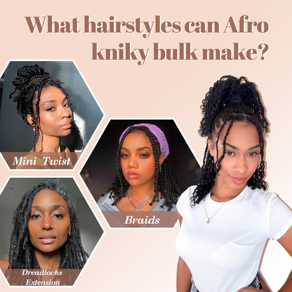 Mibeke Afro Kinky Bulk Human Hair, 4C Afro Kinky-Curly Bulk Human Hair for Twist Mini Twists Braiding and Dreadlock Extensions 50g/Pack (1B, 16 Inch)