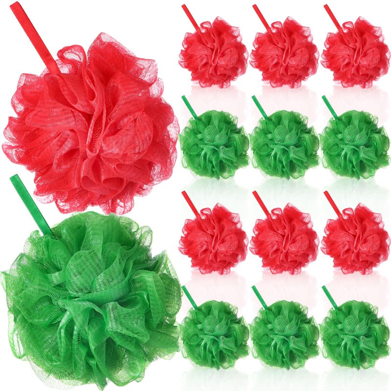 FuWeave 12 Pcs Christmas Bath Loofah Sponge Red Green Loofah Exfoliating Body Scrubber Shower Sponge 50g Mesh Shower Pouf Balls Gift Set for Women Men Bathing Accessories