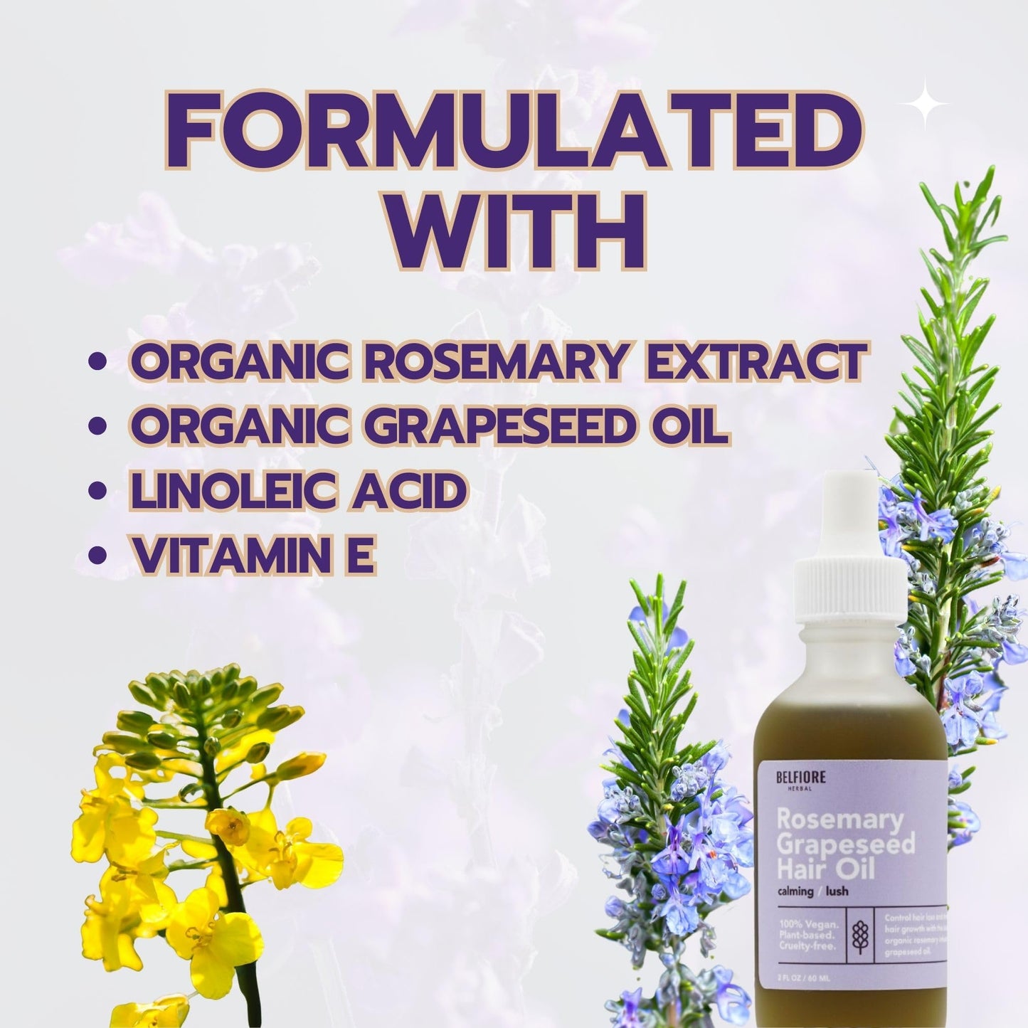Belfiore Herbal Organic Rosemary Grapeseed Oil, 100% Natural Hair Growth, Vitamins & Essential Oils Protects Strengthens, Cruelty-Free, 2oz