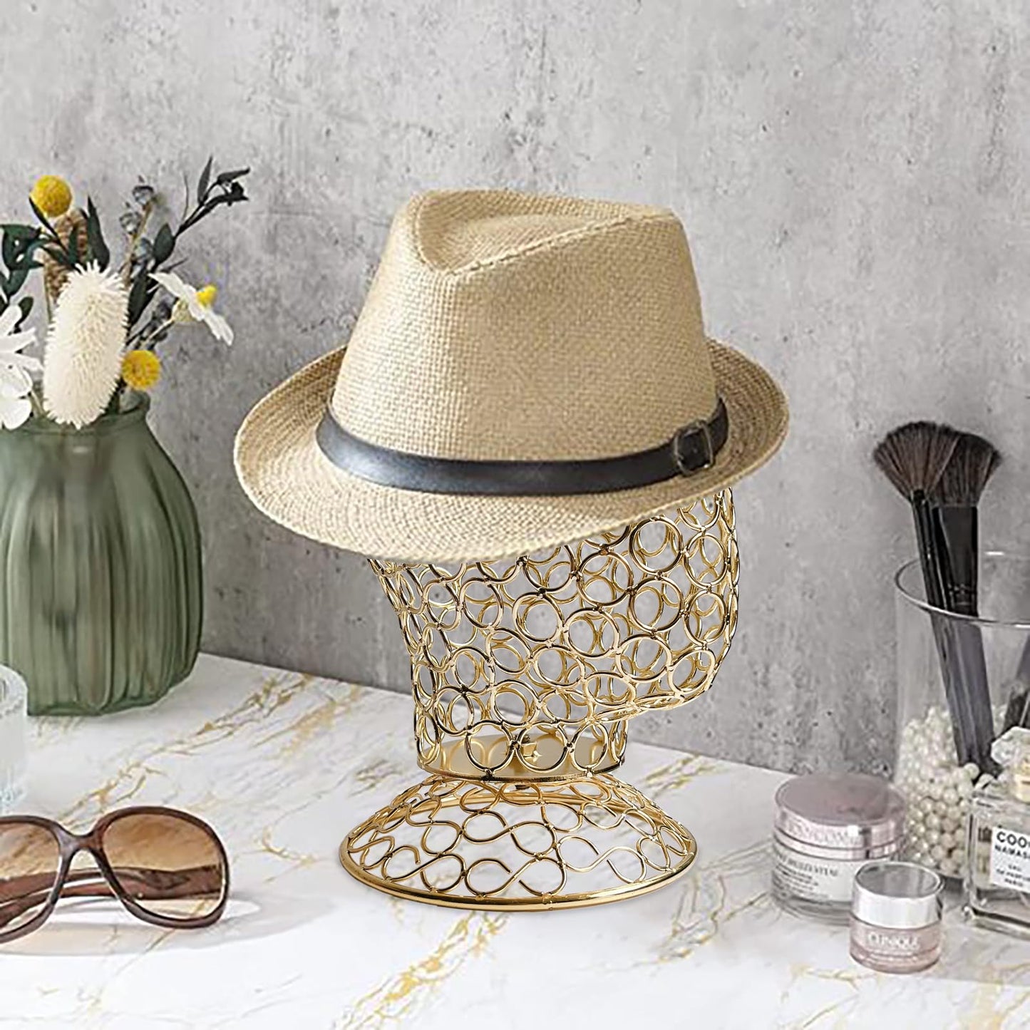 CHADWICK Wig Head Stand Metal Hollow Mannequin Head Hat Display Stand Wig Holder, Wig Display Model Head Wig Stand for Wigs, Hats, Caps, Headdress, Headphones, Dome + Detachable Stand, Chrome Gold