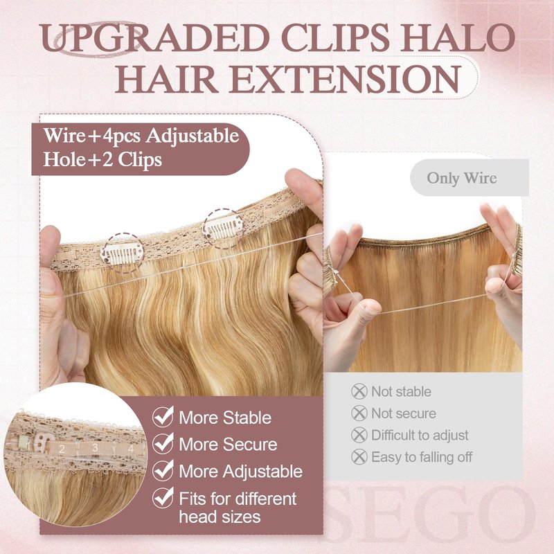 SEGO Pro Halo Hair Extensions Real Human Hair Wavy Invisible Wire Hairpiece Adjustable One Piece With 2 Secure Clips For Women to Add Length,12inch Gold Blonde Mixed Bleach Blonde,55g