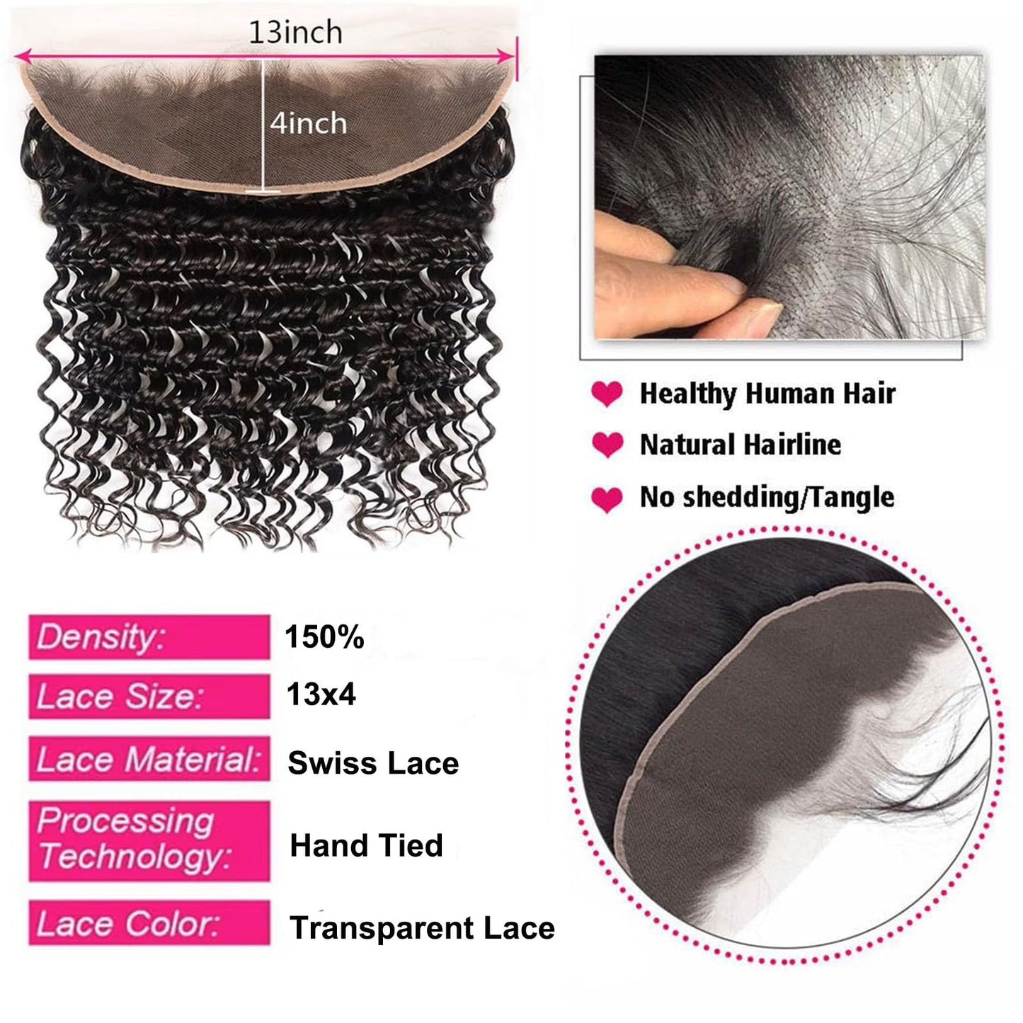 Deep Wave 13x4 HD Lace Frontal Human Hair Pre Plucked with Baby Hair Ear to Ear Transparent Lace Closure 100% Virgin Deep Wave Human Hair Frontal 14 Inch
