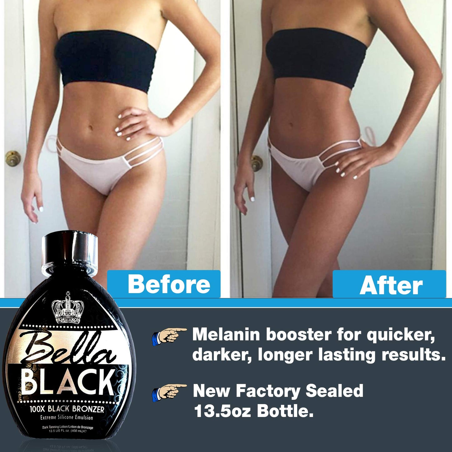Bella Black 100X Bronzer Tanning Lotion – Premium Tanning Bed Lotion with Extreme Silicone Emulsion and Banana Fruit Extract – Instant Results – Dark Tanning Lotion for Indoor Tanning Beds - 13.5oz
